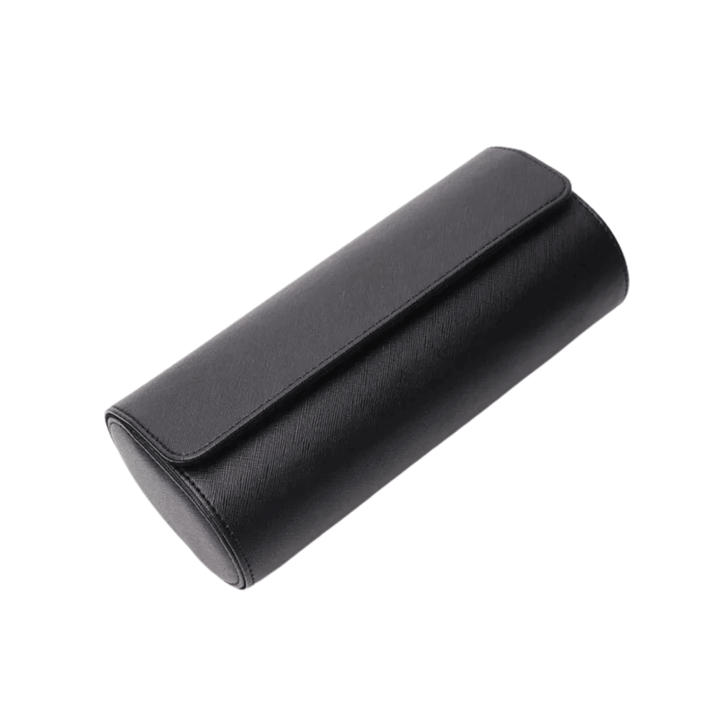 Black cylindrical leather case on a white background