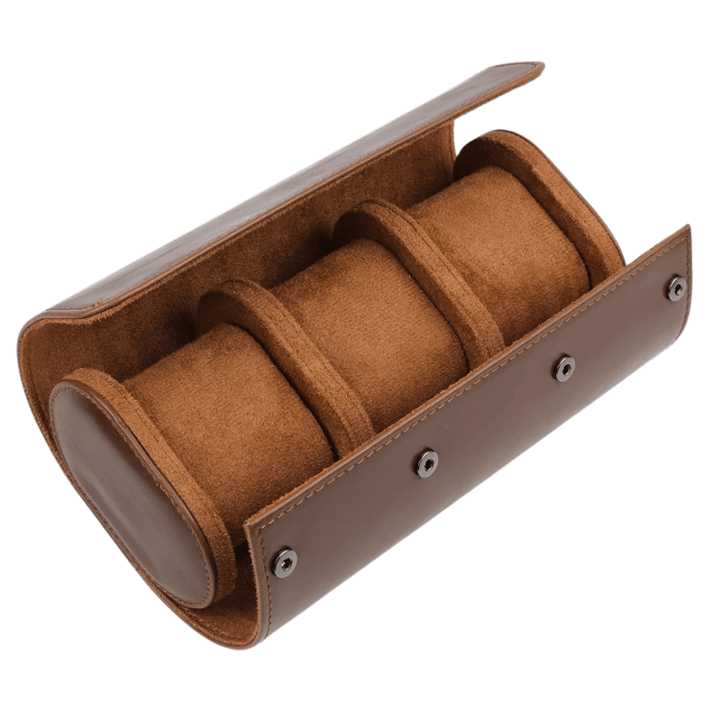 Brown watch roll with four compartments on a white background