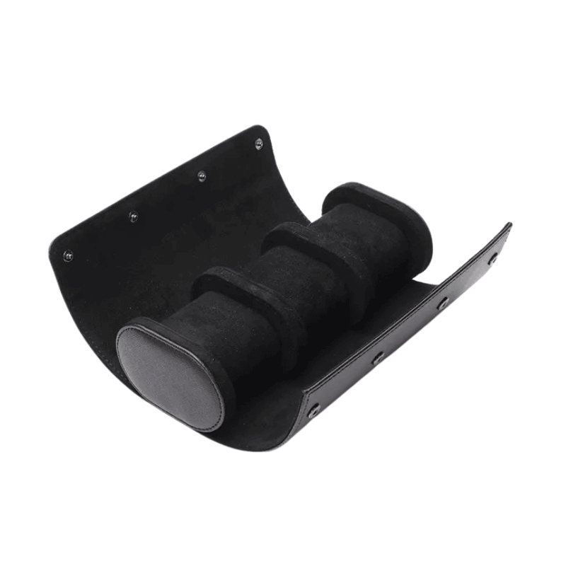 Black metal bracket with cylindrical components on a white background