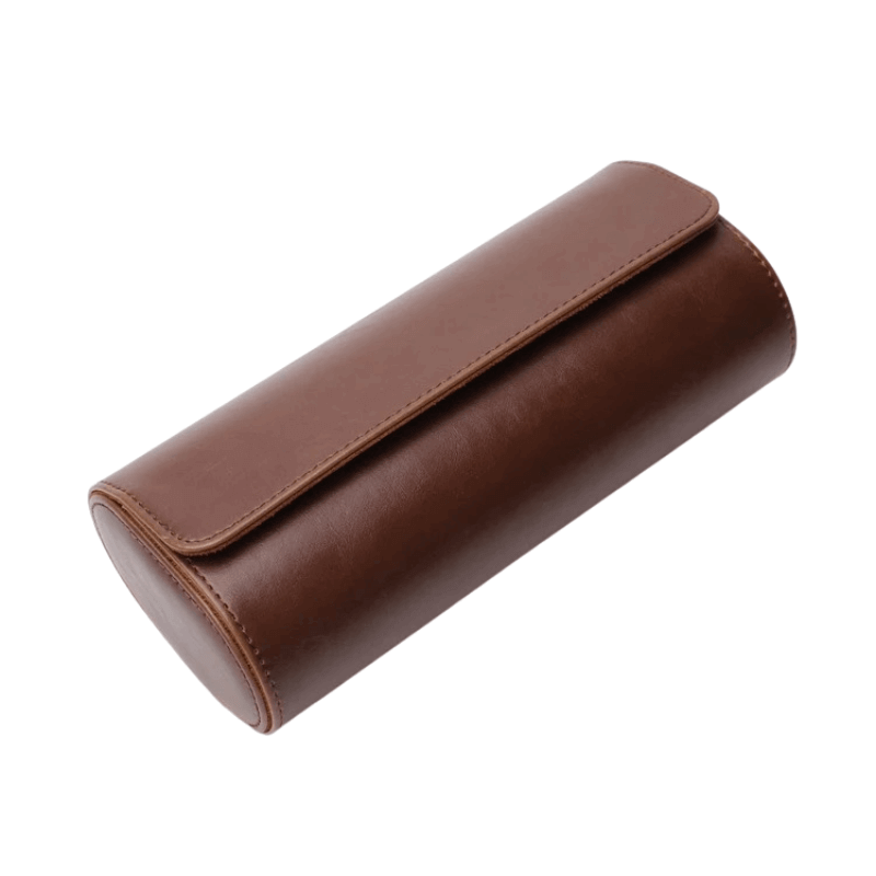 Brown leather cylindrical case on a white background